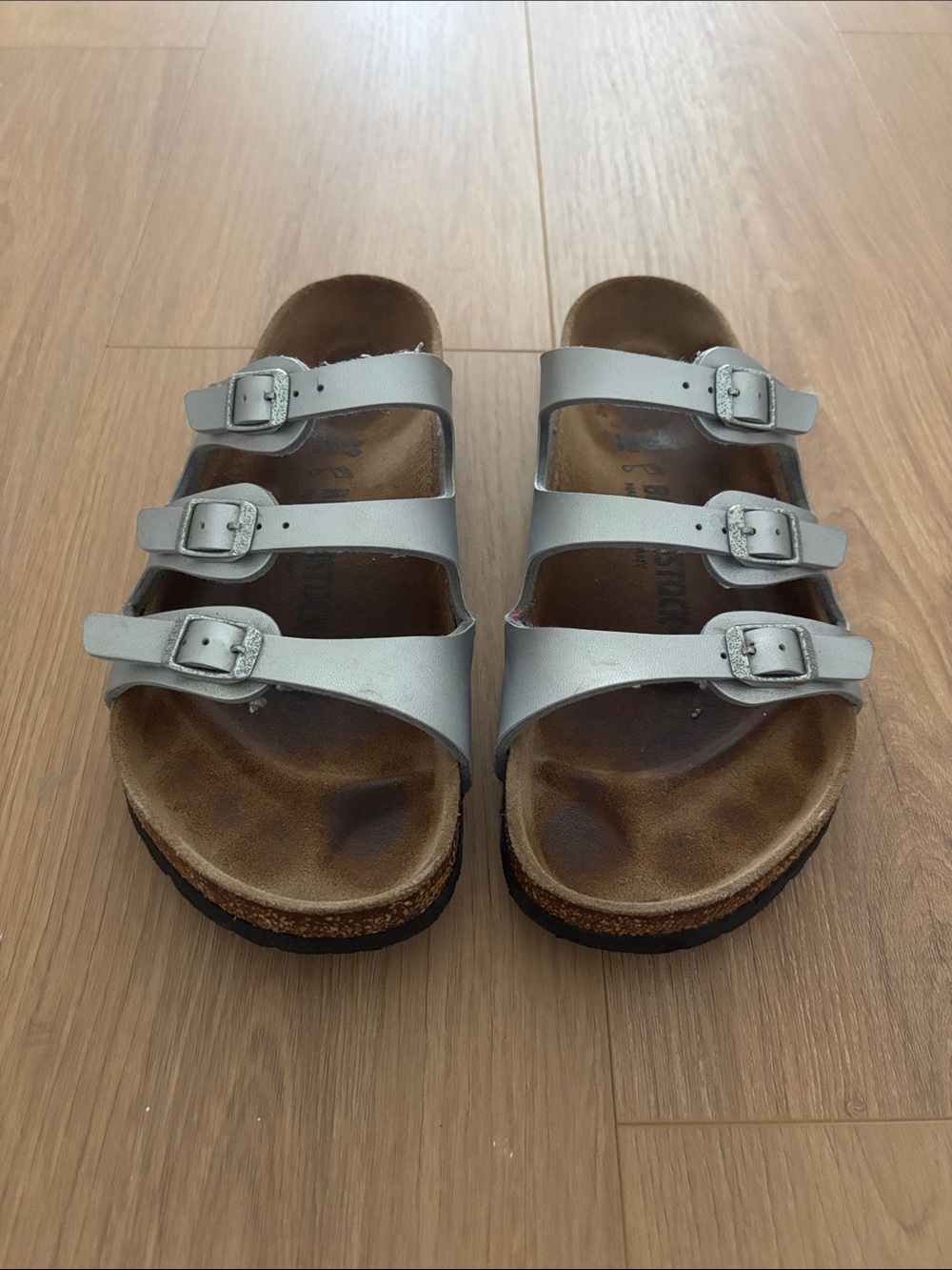 Birkenstock Metallic Silver Three-Buckle Sandals